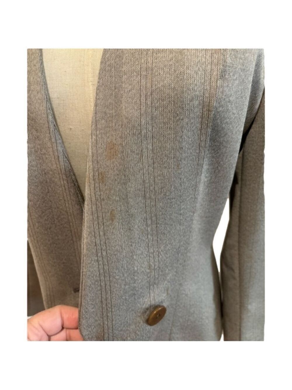 GIORGIO ARMANI VTG BLAZER GRAY & TAUPE PINSTRIPE WOOL BLEND 1 BUTTON HOURGLASS - Picture 8 of 11